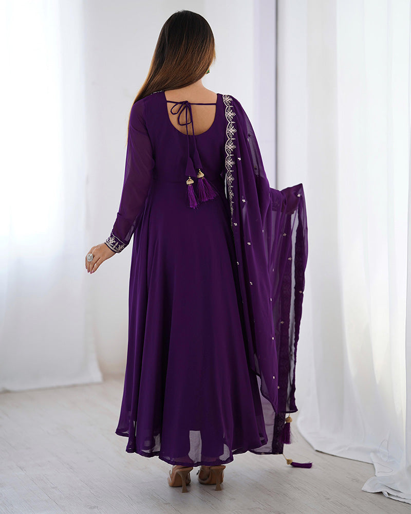 Womenline Purple Color Georgette Embroidered Three Piece Anarkali Suit