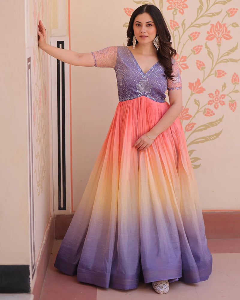 Womenline Lavender Color Gold Crush Embroidered work Gown