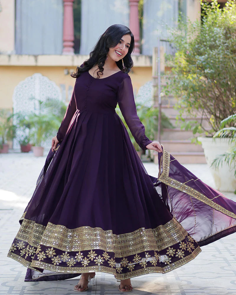 Womenline Exclusive Dark Wine Color Attractive Sequence Embroidery Work Gown