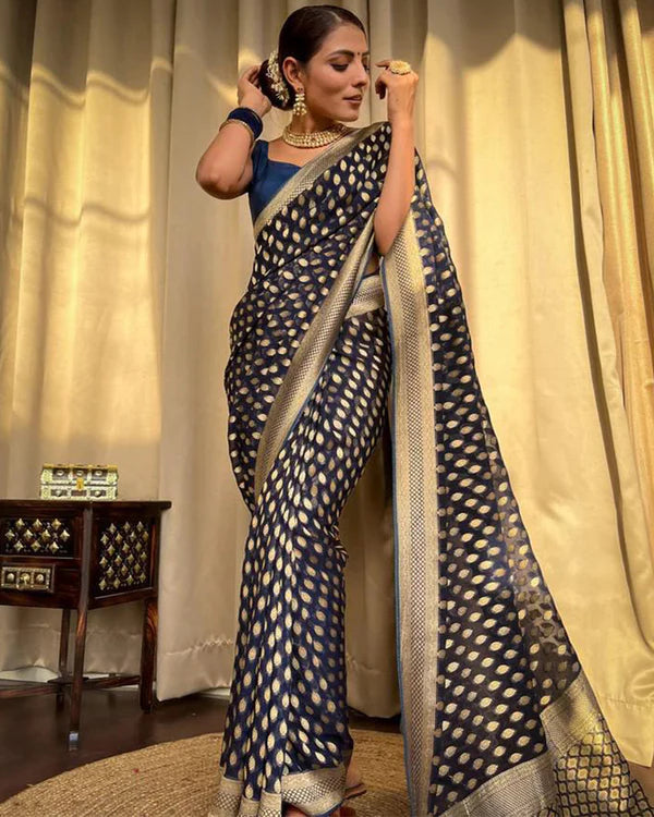 Womenline Beautiful Navy Blue Color Banarasi Jacquard Weaving Saree