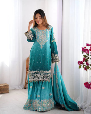 Womenline Rama Color Chinnon Sequence Work Plazzo Suit