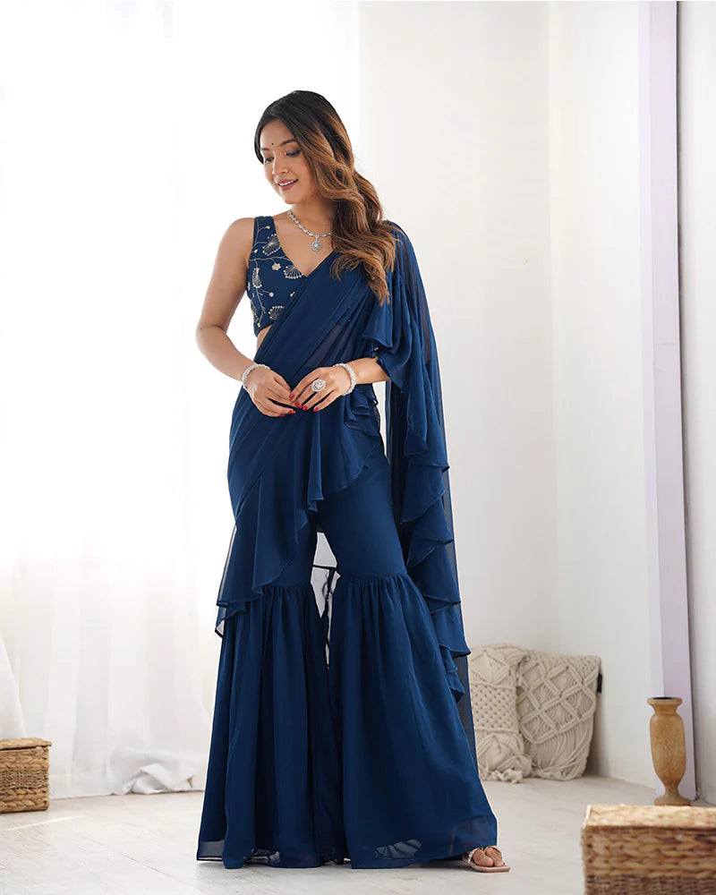 Womenline Teal Blue Color Faux Georgette Fancy Sharara Saree