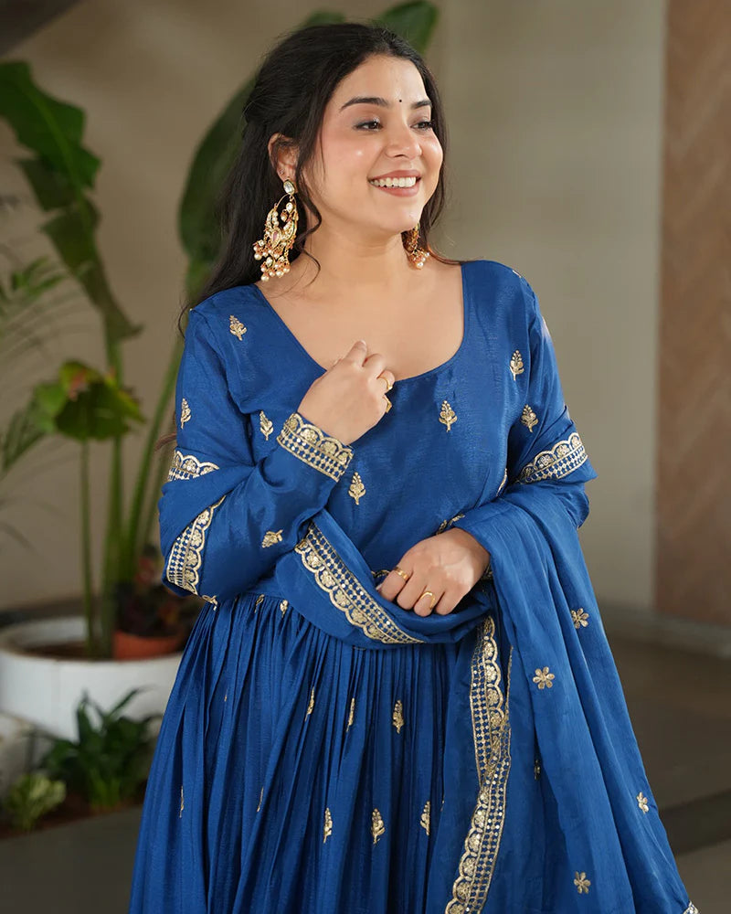 Womenline Rama Color Chinnon Sequence Embroidered Gown
