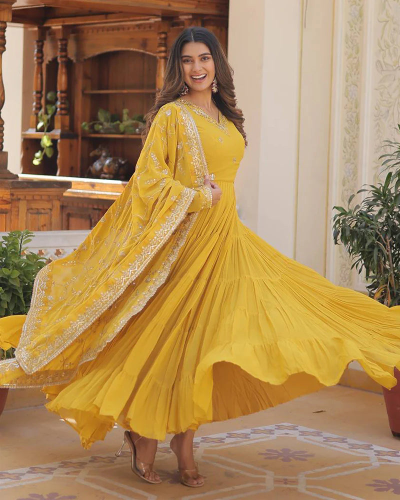 Womenline Yellow Color Faux Georgette Designer Anarkali Gown With Dupatta