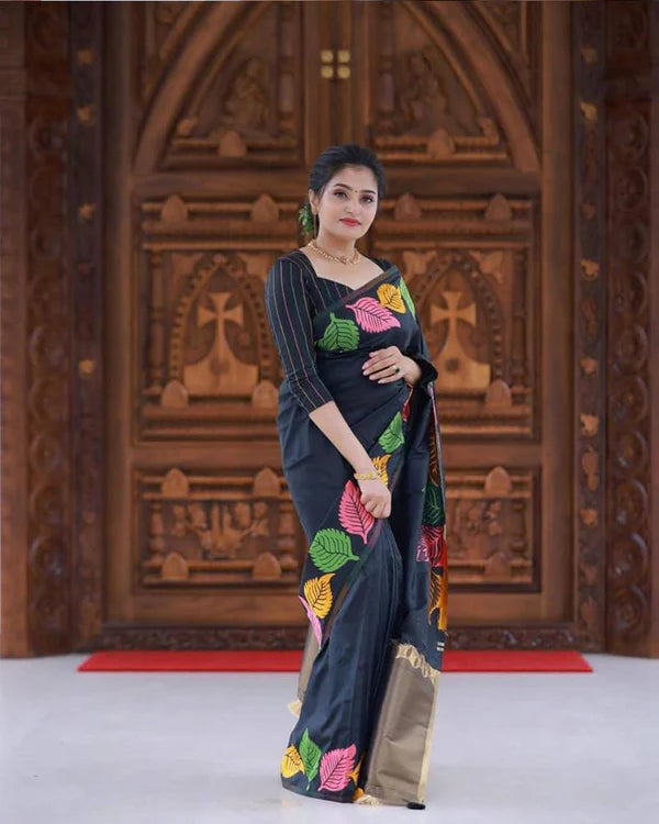 Womenline Black Color Banarasi Soft Silk Saree