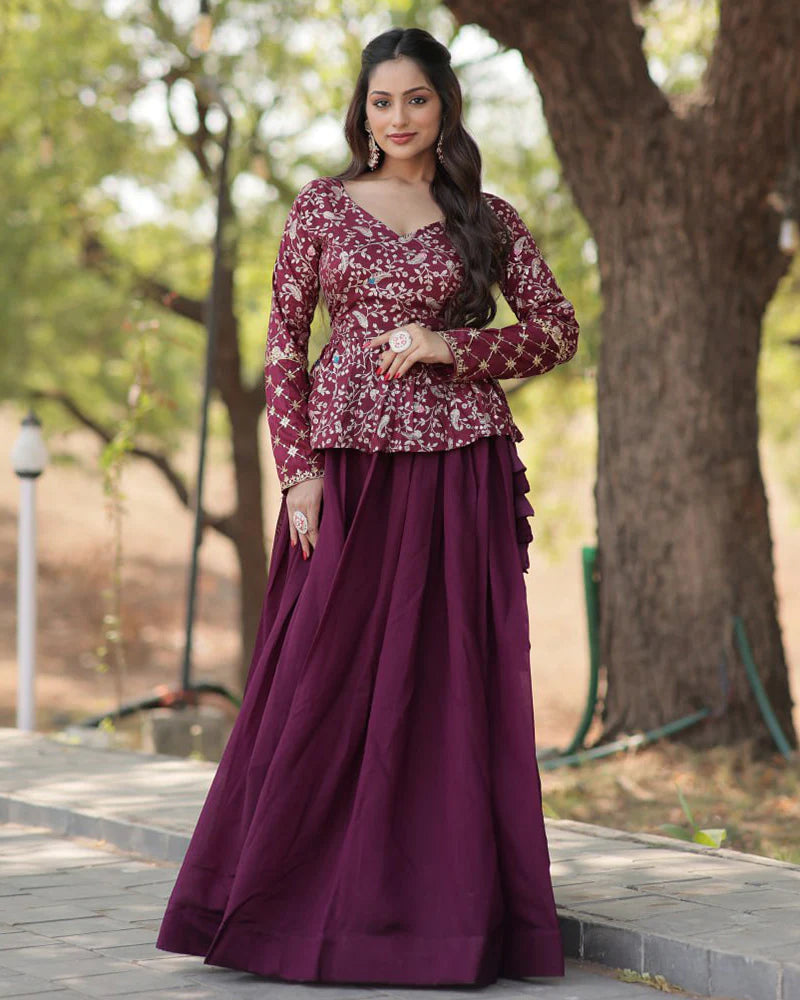 Womenline Wine Color Vichitra Shimmer Crop Top Lehenga Choli