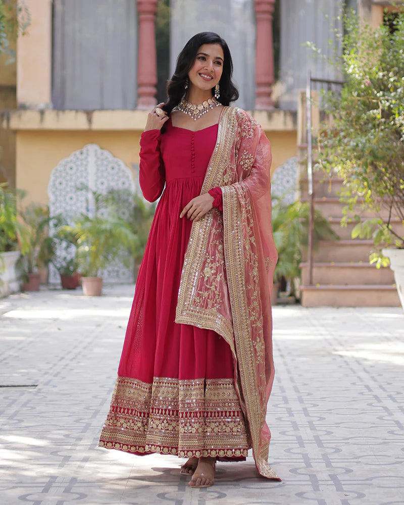 Womenline Rani Pink Color Vichitra Shimmer Sequence Embroidered Gown
