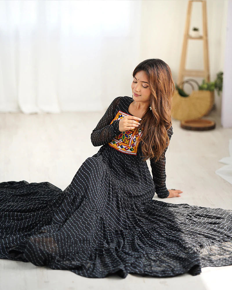 Womenline Black Color Georgette Laheriya Print Navratri Gown