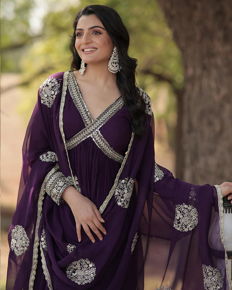 Womenline Wedding Wear Embroidered Wine Color Alia Cut Gown With Dupatta