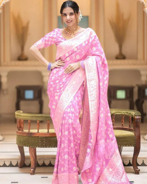 Womenline Pink Color Banarasi Jacquard With Zari Work Saree