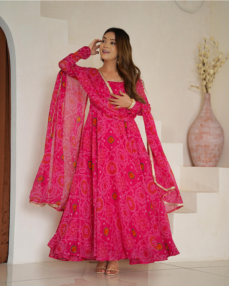 Womenline Rani Pink Color Bandhej Print Soft Chiffon Anarkali Gown