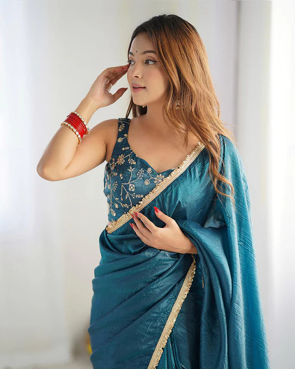Womenline Teal Blue Color Tissue Silk Saree