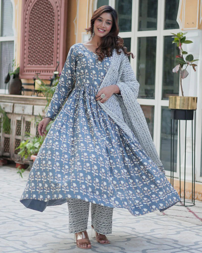 Womenline Gray Color Printed Pure Cotton Three Piece Kurti Suit