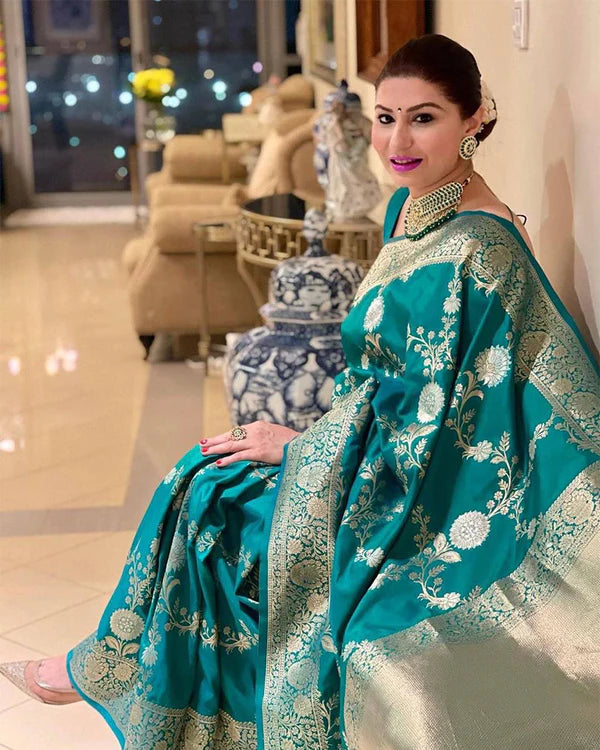 Womenline Firozi Color Banarasi Soft Silk Saree