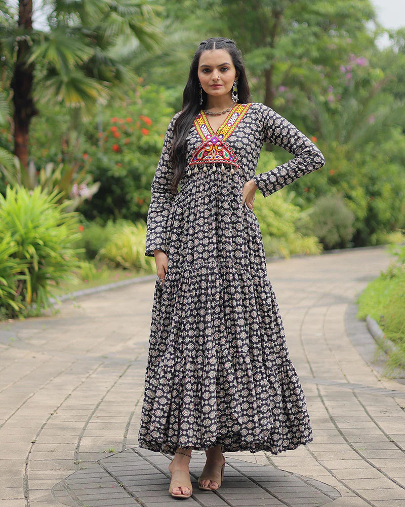 Womenline Black Color Cotton Gamthi Work Navratri Gown