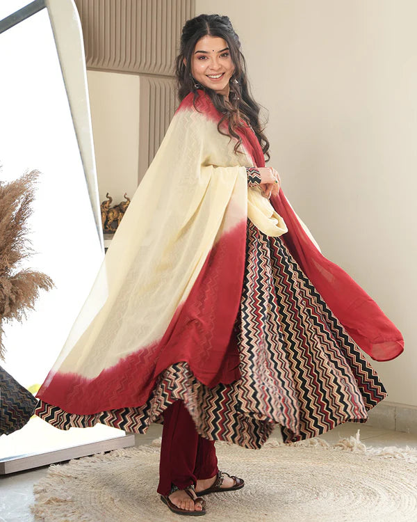 Womenline Black Color Laheriya Printed Pure Cotton Anarkali Suit