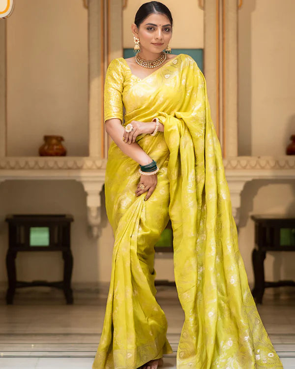 Womenline Lemon Color Banarasi Jacquard Zari Weaving Saree