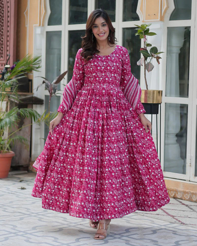 Womenline Pink Color Printed Pure Cotton Three Piece Kurti Suit