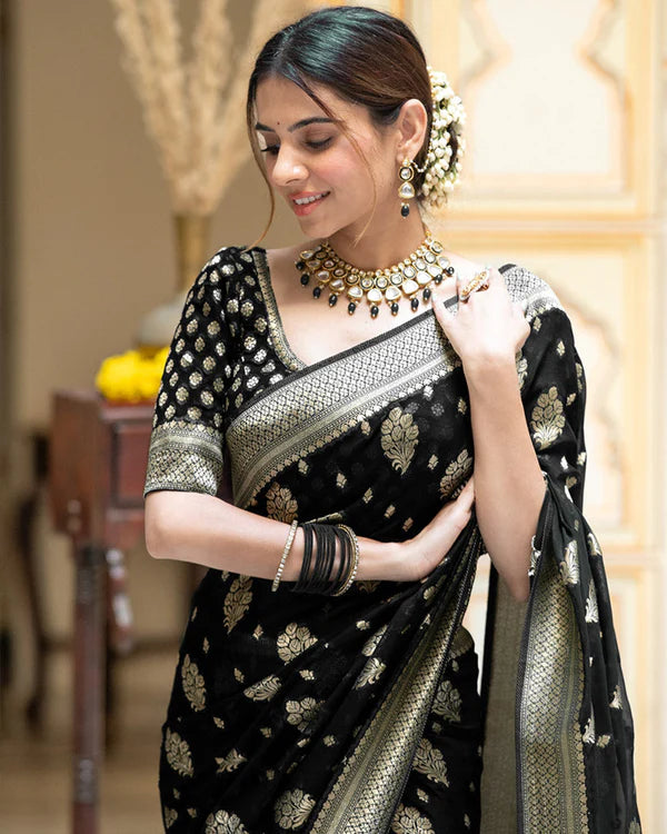 Womenline Black Color Banarasi All Over Jacquard Soft Silk Saree