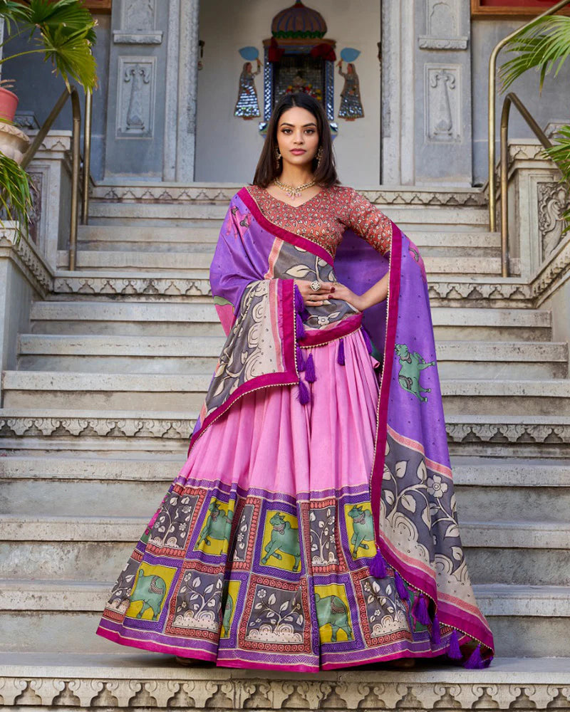 Womenline Peach Color Tussar Silk Kalamkari Printed Lehenga Choli