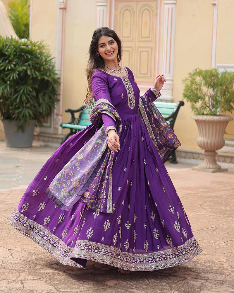 Womenline Purple Color Chinnon Sequence Embroidered Gown