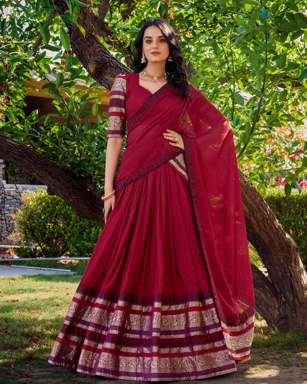 Womenline Red Color Pure Chanderi Plain Half Saree
