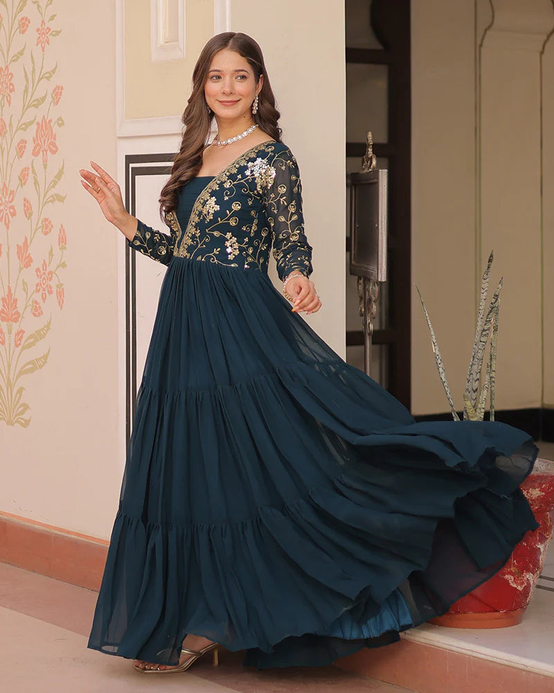 Womenline Elegant Rama Floor-Length Gown With Golden Threadwork