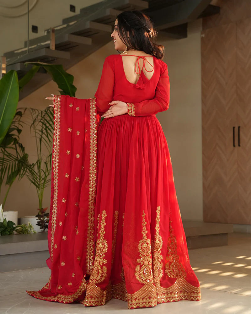 Womenline Red Color Faux Blooming Embroidered Gown