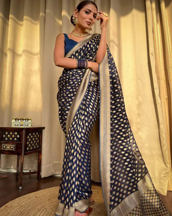 Womenline Beautiful Navy Blue Color Banarasi Jacquard Weaving Saree