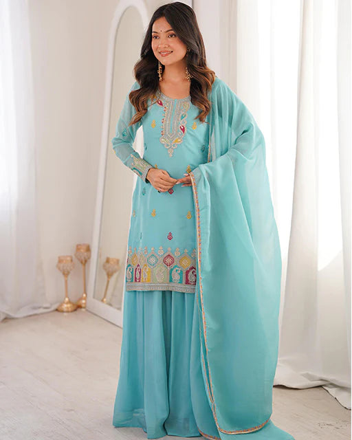 Womenline Sky Blue Color Pure Soft Crunchy Silk Sharara Suit