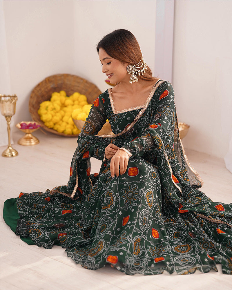 Womenline Green Color Bandhej Print Soft Chiffon Anarkali Gown