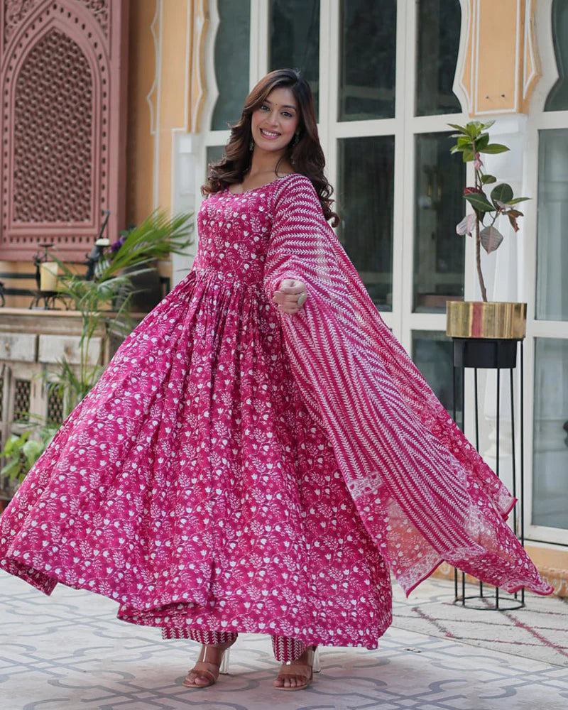 Womenline Pink Color Printed Pure Cotton Three Piece Kurti Suit