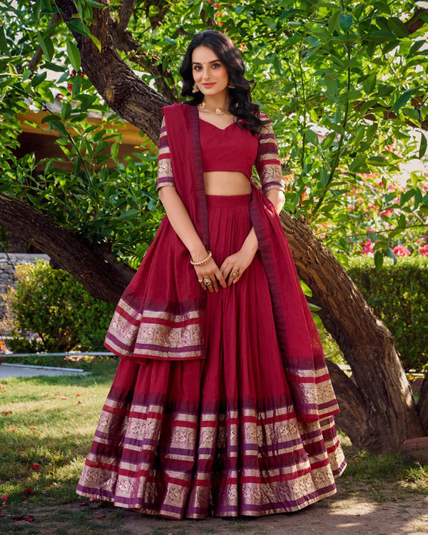 Womenline Red Color Pure Chanderi Plain Half Saree