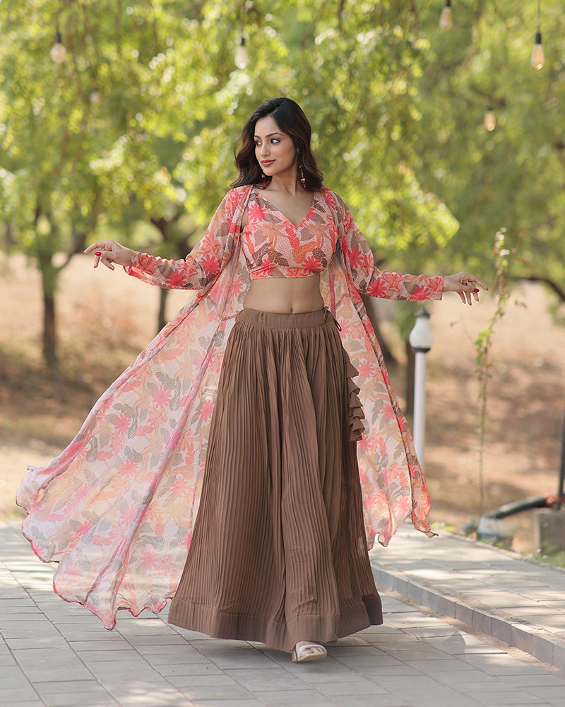 Womenline Beige Color Faux Georgette Lehenga Choli
