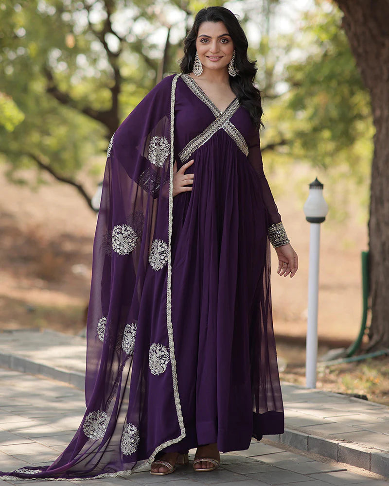 Womenline Wedding Wear Embroidered Wine Color Alia Cut Gown With Dupatta