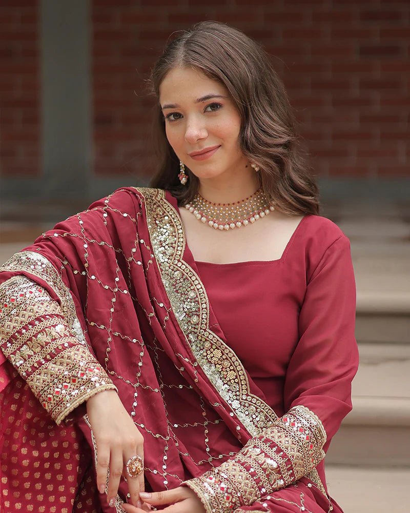 Womenline Maroon Color Georgette And Jacquard Sharara Suit