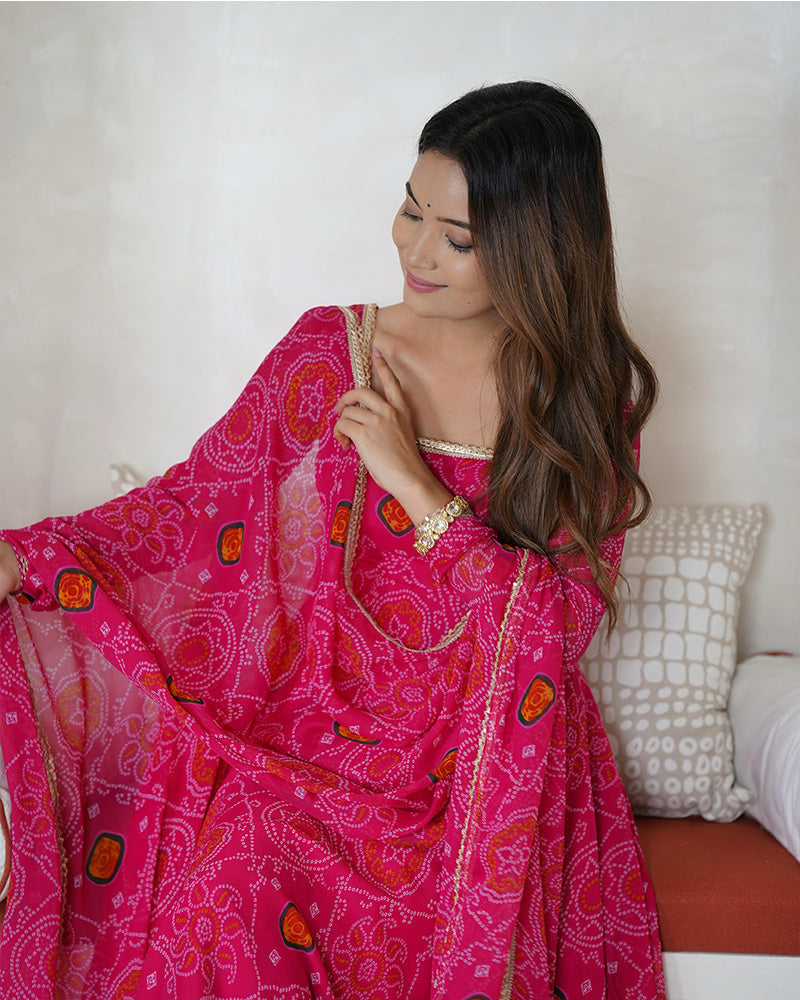 Womenline Rani Pink Color Bandhej Print Soft Chiffon Anarkali Gown