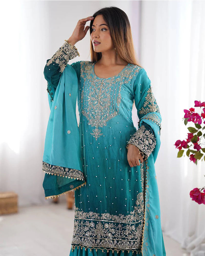 Womenline Rama Color Chinnon Sequence Work Plazzo Suit