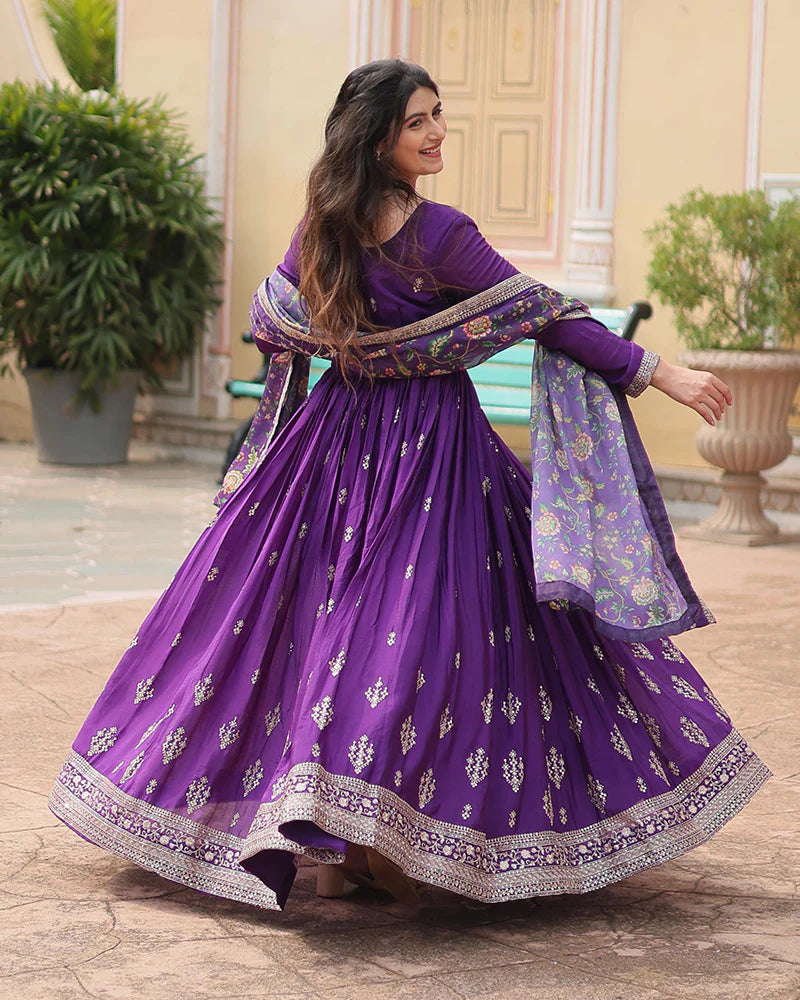 Womenline Purple Color Chinnon Sequence Embroidered Gown