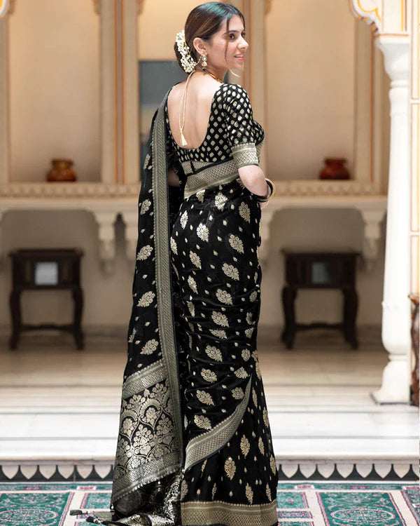 Womenline Black Color Banarasi All Over Jacquard Soft Silk Saree