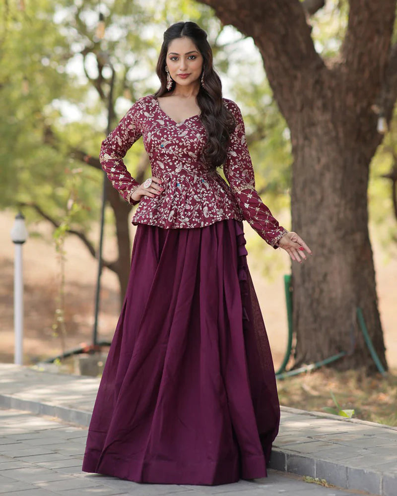 Womenline Wine Color Vichitra Shimmer Crop Top Lehenga Choli