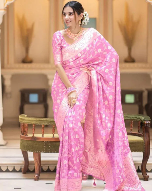 Womenline Pink Color Banarasi Jacquard With Zari Work Saree