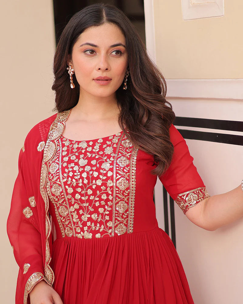 Womenline Designer Red Anarkali Gown With Golden Embroidery