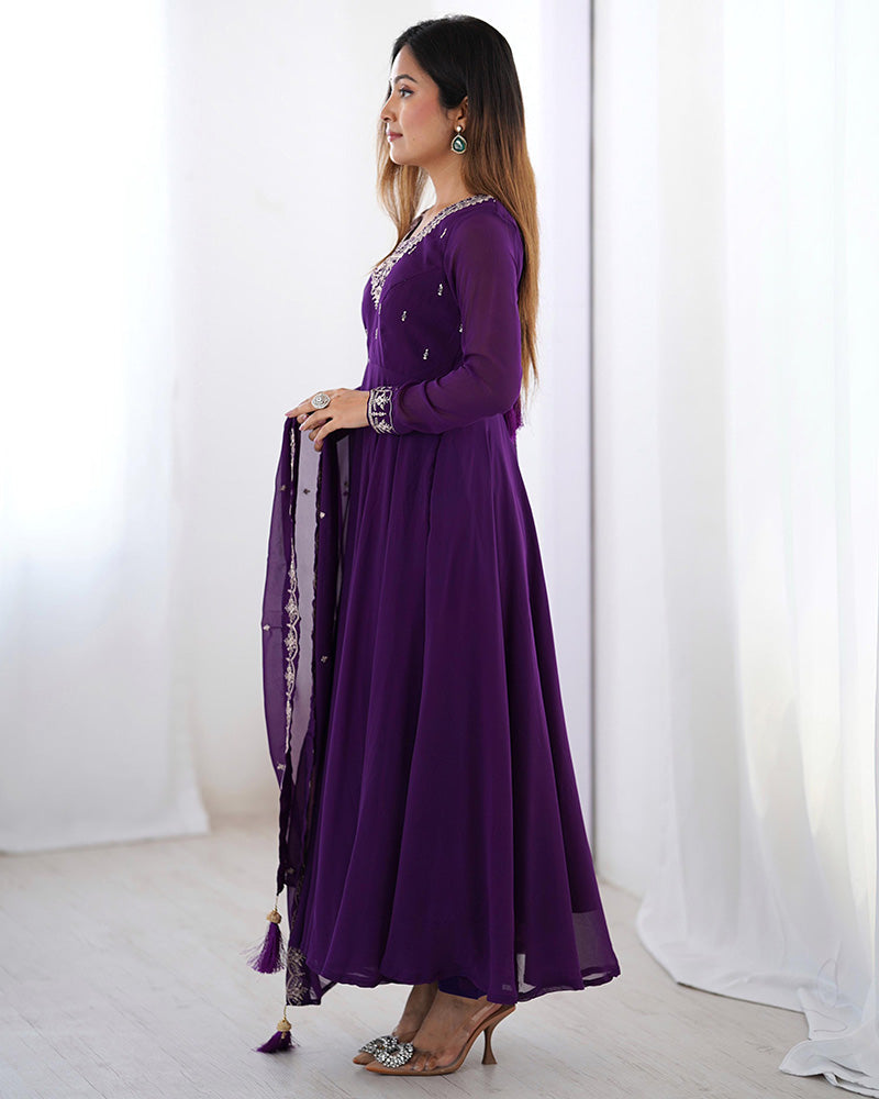 Womenline Purple Color Georgette Embroidered Three Piece Anarkali Suit