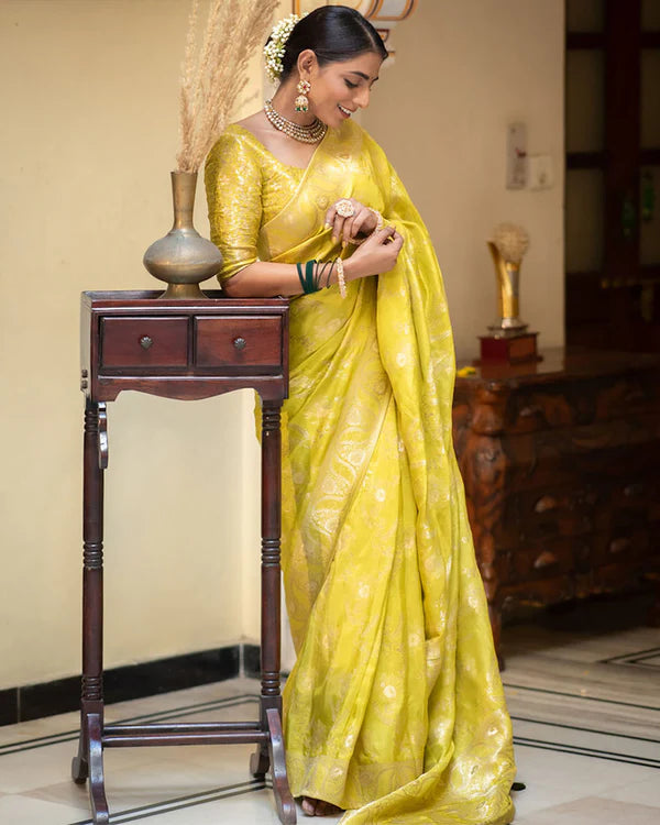 Womenline Lemon Color Banarasi Jacquard Zari Weaving Saree
