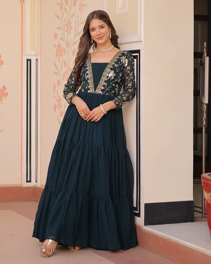 Womenline Elegant Rama Floor-Length Gown With Golden Threadwork