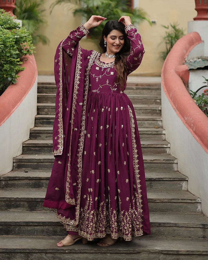 Womenline Wine Color Designer Three Piece Sharara Suit