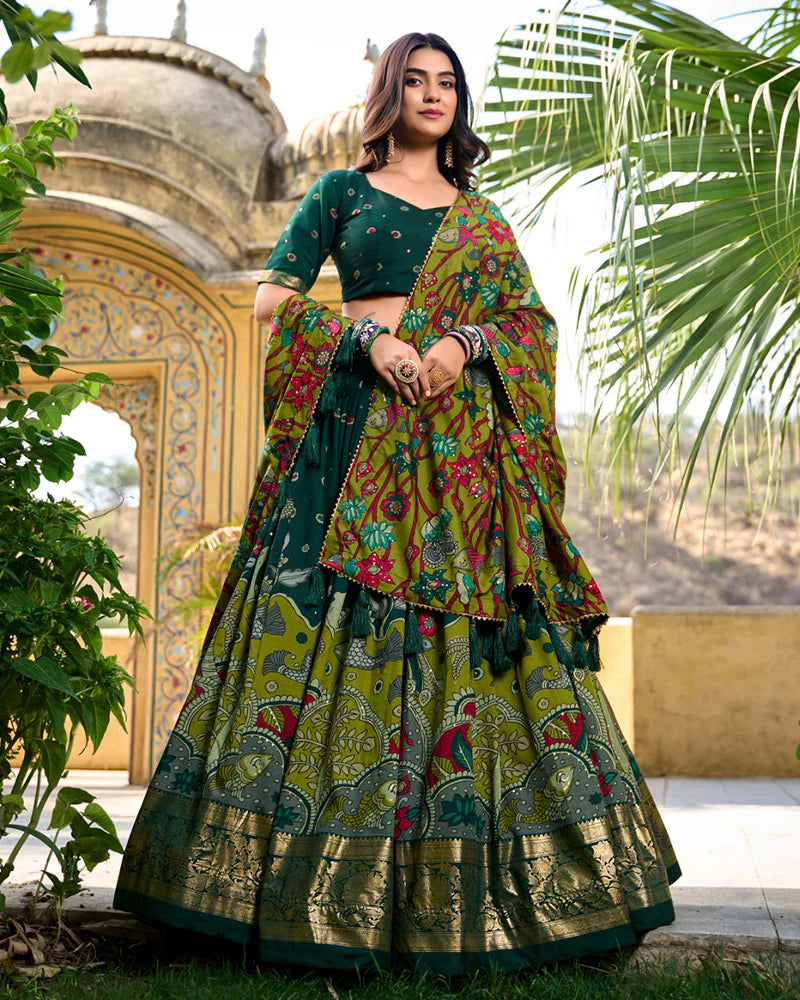 Womenline Green Color Tussar Silk Kalamkari Printed Navratri Lehenga Choli