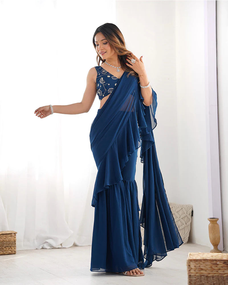 Womenline Teal Blue Color Faux Georgette Fancy Sharara Saree