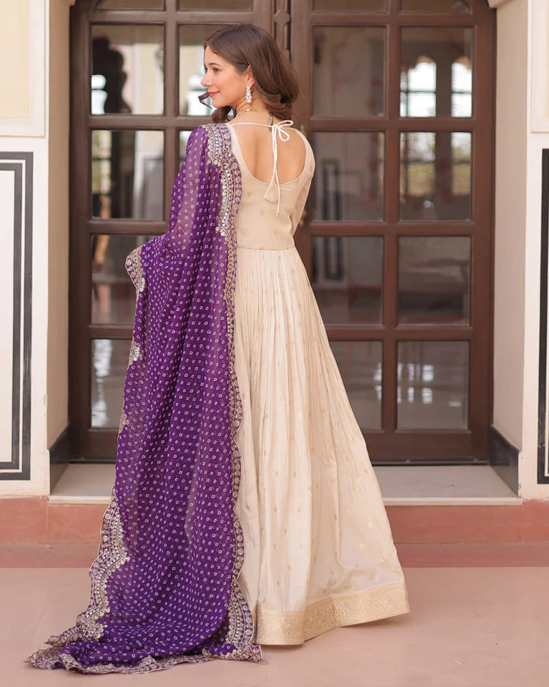 Womenline Off-White Color Jacquard Gown With Purple Dupatta
